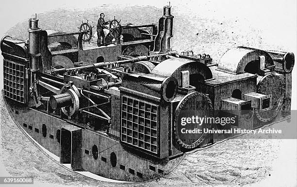 Engraving depicting the 'Great Eastern' used during the creation of the Atlantic Telegraph. Showing the screw engine room. Dated 19th Century.