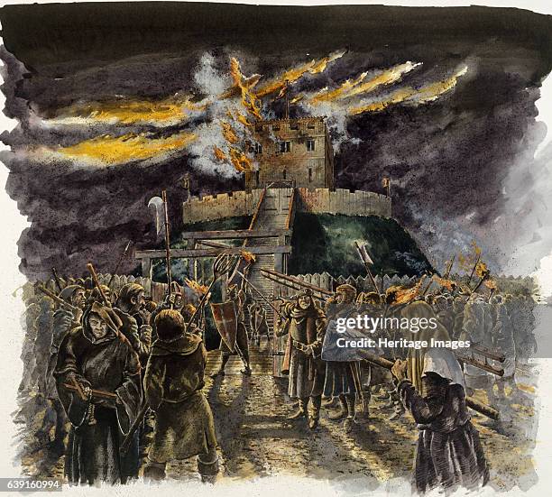 Clifford's Tower . Burning of the Wooden Tower during the massacre of the Jews in 1190. Reconstruction drawing. Clifford's Tower, the largest...