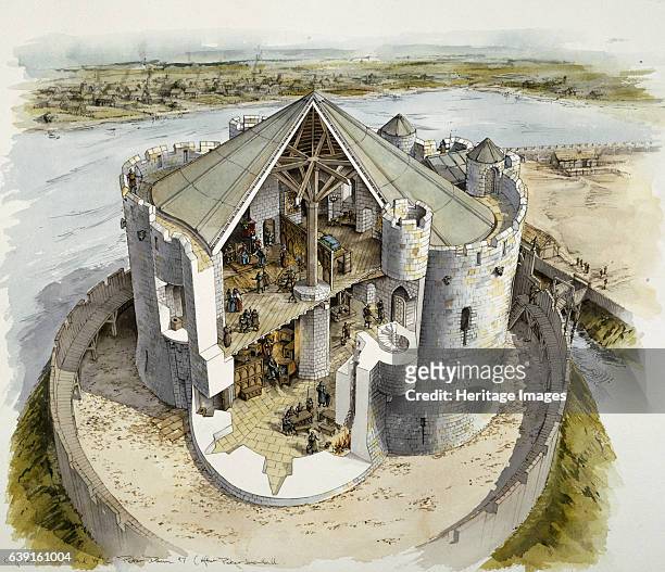 Clifford's Tower, mid-14th century, . Reconstruction drawing of Clifford's Tower, the largest remaining part of York Castle, once the centre of...