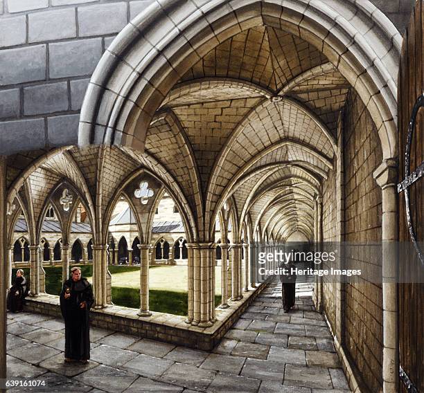 Cloister at St Augustine's Abbey, c13th century, . Reconstruction drawing of the cloister after rebuilding in the 13th century. St Augustine's Abbey...