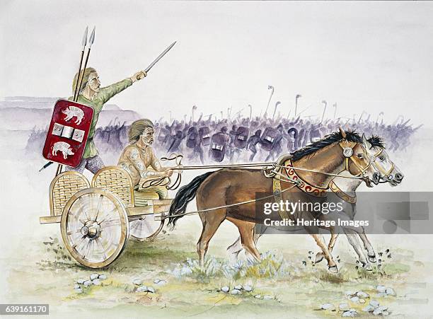Celtic chariot, Iron Age, Reconstruction drawing of a horse drawn Celtic chariot and charioteer in Iron Age Britain.The Iron Age was an...