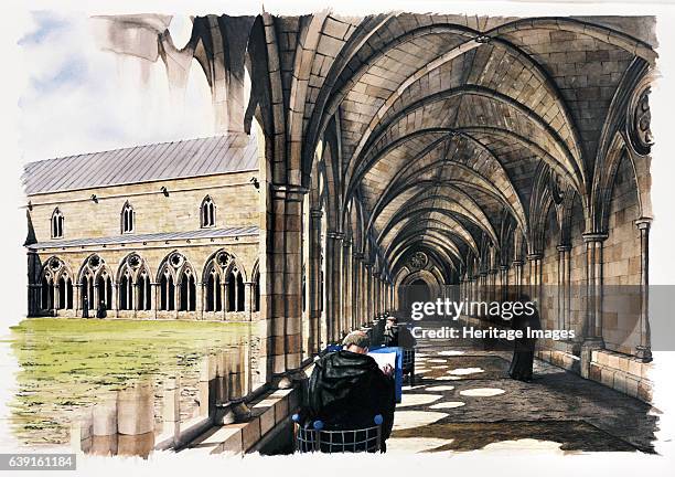 Battle Abbey, 13th century, . Reconstruction drawing of monks in the cloister in the late 13th century. Battle Abbey is a partially ruined...