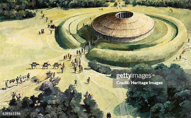 Knowlton neolithic ritual henge, . Knowlton Church and Earthworks, Dorset. A reconstruction drawing of the neolithic monument. The siting of this...