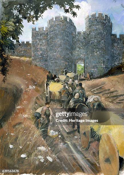 Beeston Castle, c13th century, . Reconstruction drawing of the Outer Gatehouse with hay carts entering the castle. Perched on a rocky sandstone crag...