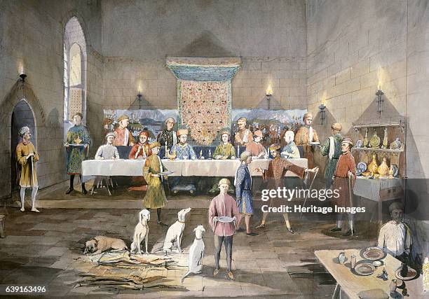 Arthur's Hall, Dover Castle, 14th century, . Interior view. Reconstruction drawing of Arthur's Hall, table feast in the 14th century. A a medieval...