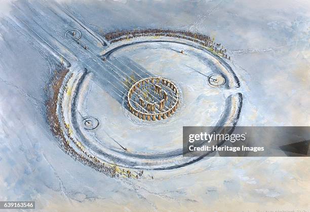 Stonehenge, c20th century BC, . Midwinter sunset, Stonehenge, Wiltshire. Aerial view reconstruction drawing of Phase 3V. Stonehenge is a prehistoric...