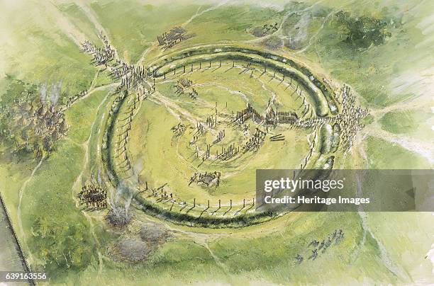 Stonehenge Phase 2, c27th century BC, . Aerial view reconstruction drawing of Phase 2. Stonehenge is a prehistoric monument in Wiltshire, England,...