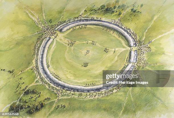 Stonehenge Phase 1, c30th century BC, . Aerial view reconstruction drawing of Phase I. Stonehenge is a prehistoric monument in Wiltshire, England,...