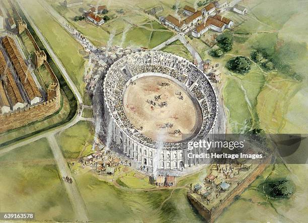 Chester Roman Amphitheatre, c2nd century, . Aerial view reconstruction drawing of the amphitheatre in c.100 AD. The amphitheatre dates from the 1st...