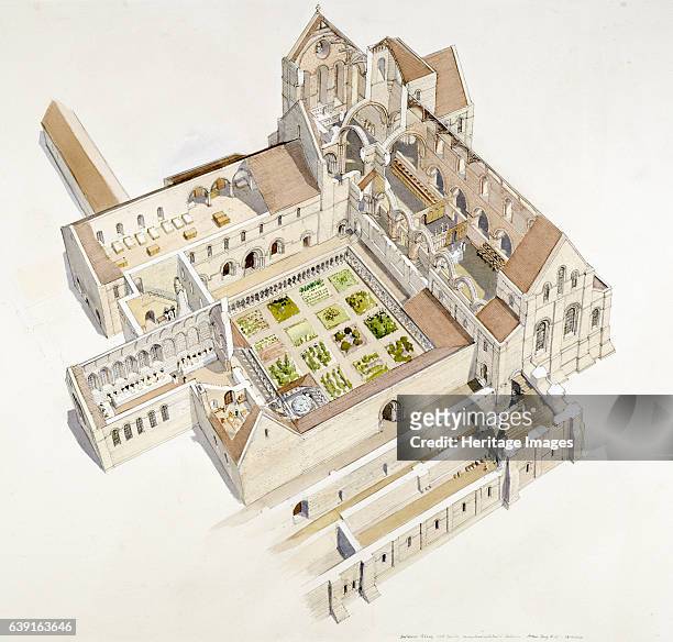 Buildwas Abbey, 12th century, .. Aerial view cutaway reconstruction drawing of the abbey in the 12th century. Located along the banks of the River...