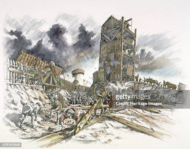 Dover Castle siege . Reconstruction drawing of a French siege tower and earth works. Commanding the shortest sea crossing between England and the...