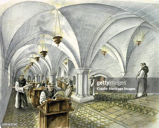 Rievaulx Abbey, 13th century, . Interior view reconstruction drawing of the Day Room in the mid 13th century. A former Cistercian abbey in Rievaulx,...