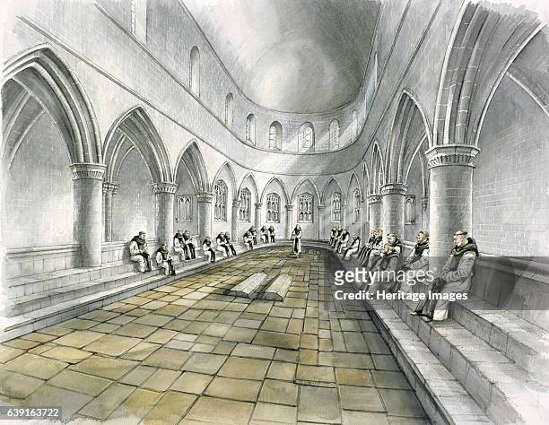 Rievaulx Abbey, 14th century, . Interior view reconstruction drawing of the chapter house in the 14th century. A former Cistercian abbey in Rievaulx,...