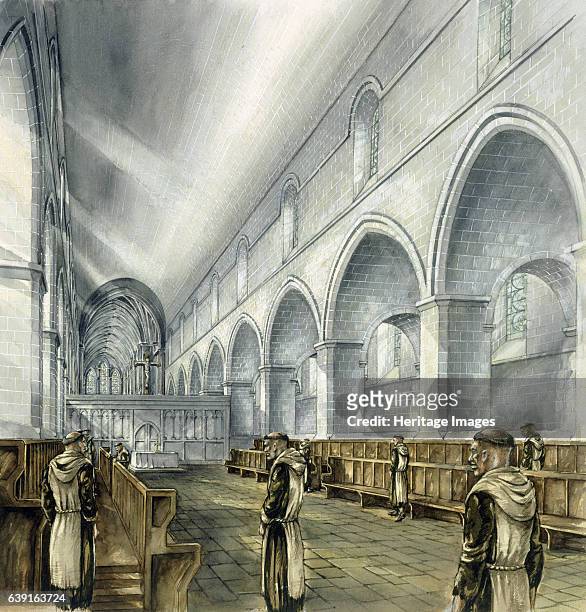 Rievaulx Abbey, 13th century, . Interior view reconstruction drawing of the nave looking towards the new presbytery in the 13th century. A former...