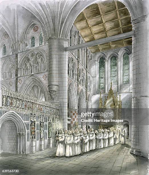 Rievaulx Abbey, 15th century, . Interior view reconstruction drawing of the South transept in the 15th century. A former Cistercian abbey in...