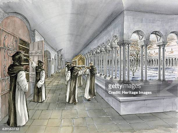 Rievaulx Abbey, 13th century, . Reconstruction drawing of the cloister in the mid 13th century. A former Cistercian abbey in Rievaulx, near Helmsley...