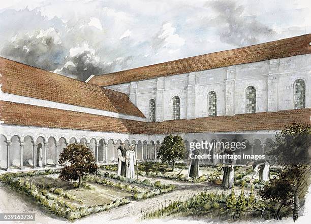 Rievaulx Abbey, mid 13th century, . Reconstruction drawing of the infirmary cloister in the mid 13th century. A former Cistercian abbey in Rievaulx,...