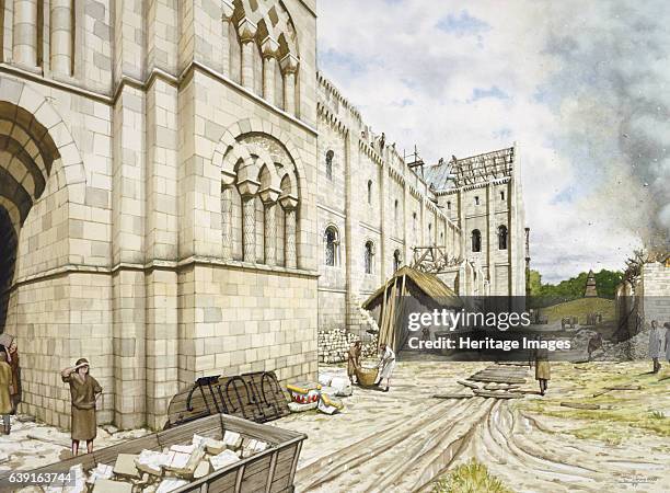 St Augustine's Abbey during construction, c11th century, . Reconstruction drawing St Augustine's Benedictine Abbey, Canterbury, Kent under Norman...