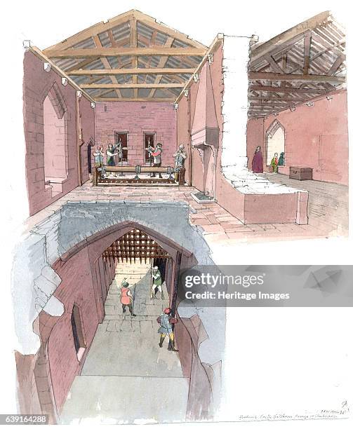 Goodrich Castle, Worcestershire, c12th century, . Cutaway reconstruction of the gatehouse, facing east showing the winches in the upper chamber...
