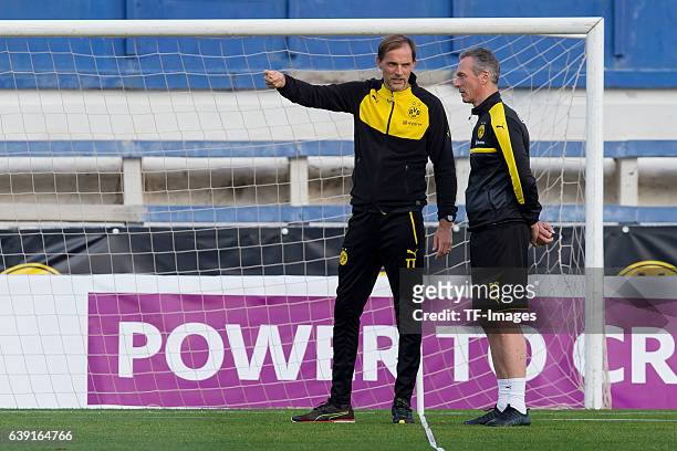Head coach Thomas Tuchel of Borussia Dortmund gestures and Rainer Schrey during the sixth day of the training camp in Marbella on January 10, 2017 in...
