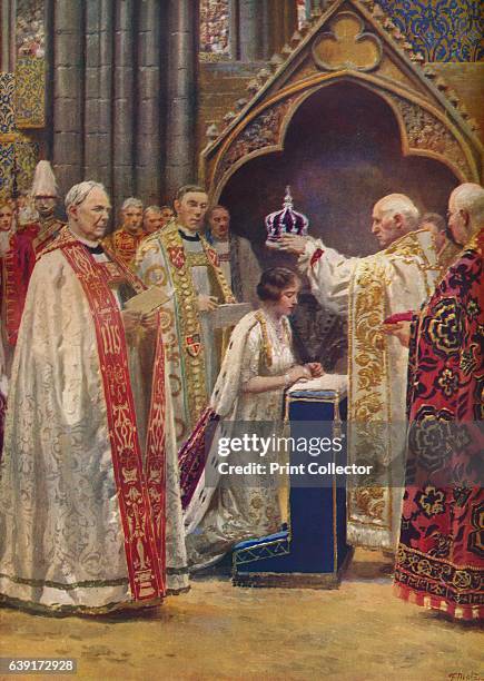 The Crowning of the Queen Consort', 1937. : The Archbishop Placing the Crown Upon Her Majesty's Head. King George ascended the throne upon the...