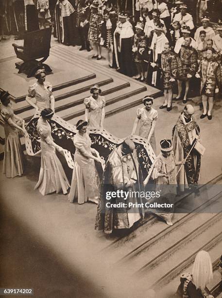 The Coronation Ceremony in the Abbey: The Queen's Procession', 1937. Crowned and Bearing the Emblems of Her Dignity, The Queen processing to the west...