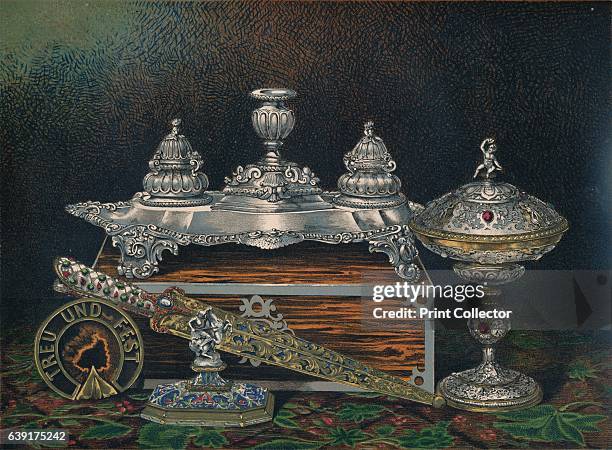 Inkstand, Paper Weight, Hunting Knife or Dagger, Covered Tazza, Paper Weight', 1863. Gifts presented to Alexandra of Denmark on the occasion of her...