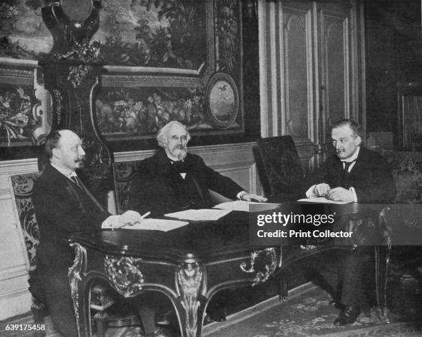 Financial conference of the Allies, Paris', 1915. Left, M. Bark; centre, M. Ribot; and right, Mr. Lloyd George, Ministers of Finance in Russia,...