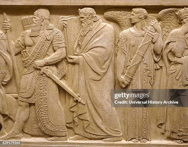 Relief depicting Babylonian Ruler Hammurabi next to Hebrew prophet Moses. On the Right of Moses is seen the figure of Austerity. US Supreme Court,...