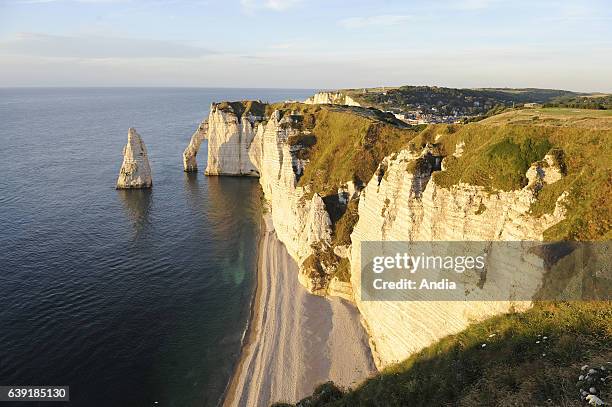 Cliffs of Etretat on the Alabaster coast in the "Pays de Caux" area. "L'Aiguille" rock and the "Porte d'Aval" natural arch.