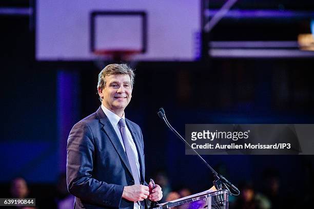 Candidate to the Primary Election of the left wing Les Socialistes for the 2017 French Presidential Election Arnaud Montebourg delivers a speech...