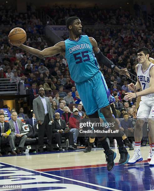 Roy Hibbert of the Charlotte Hornets looks to pass the ball against the Philadelphia 76ers at the Wells Fargo Center on January 13, 2017 in...