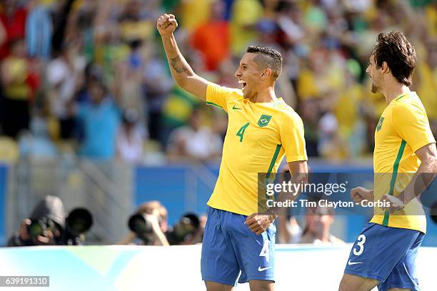 Day 12 Marquinhos of Brazil celebrates after scoring during the Brazil Vs Honduras Men's Semifinal match at Maracana Stadium on August 17, 2016 in...