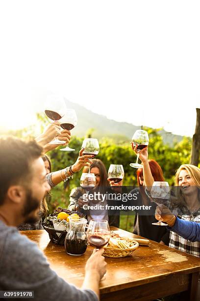 収穫後に赤ワインで乾杯する友人 - 食前酒 ストックフォトと画像