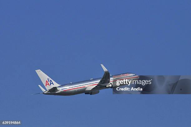 Boeing 767 belonging to American Airlines about to take-off from Paris Charles de Gaulle Airport.