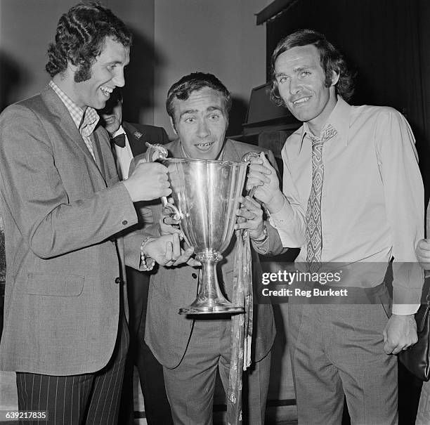 Chelsea footballers attend a reception at the Old Town Hall in Chelsea after winning the UEFA Cup Winners' Cup, London, UK, 22nd May 1971. Left to...