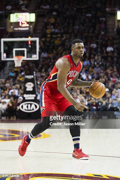 Terrence Jones of the New Orleans Pelicans looks for a pass during the first half against the Cleveland Cavaliers at Quicken Loans Arena on January...