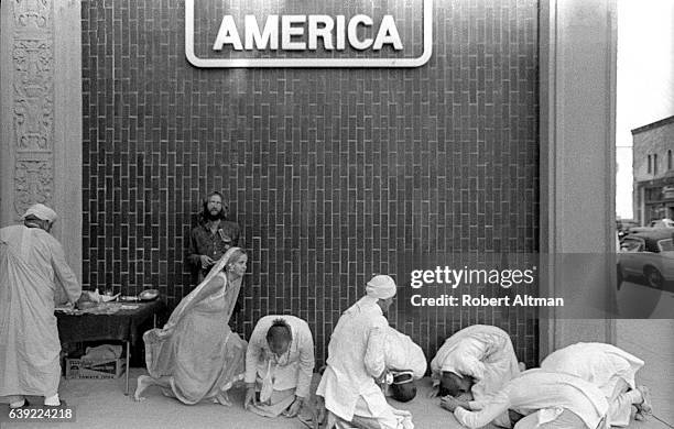 Hare Krishna group gathers around Telegraph Avenue on October 19, 1969 in Berkeley, California.