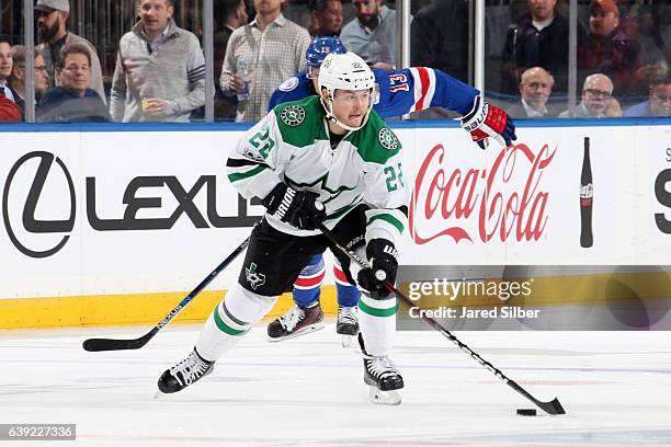 Jiri Hudler of the Dallas Stars skates with the puck against the New York Rangers at Madison Square Garden on January 17, 2017 in New York City. The...