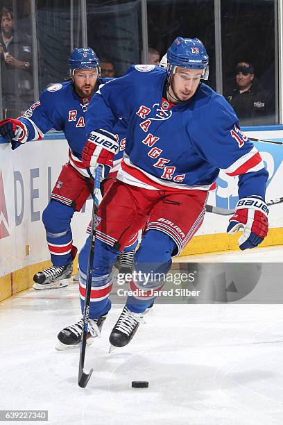 Kevin Hayes of the New York Rangers skates with the puck against the Dallas Stars at Madison Square Garden on January 17, 2017 in New York City. The...