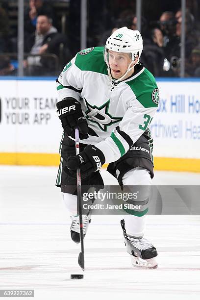 Lauri Korpikoski of the Dallas Stars skates with the puck against the New York Rangers at Madison Square Garden on January 17, 2017 in New York City....