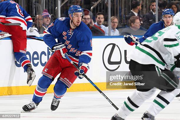 Kevin Hayes of the New York Rangers skates with the puck against the Dallas Stars at Madison Square Garden on January 17, 2017 in New York City. The...