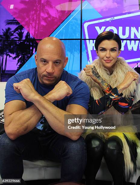 January 19: Vin Diesel and Ruby Rose visit the Young Hollywood Studio on January 19, 2016 in Los Angeles, California.