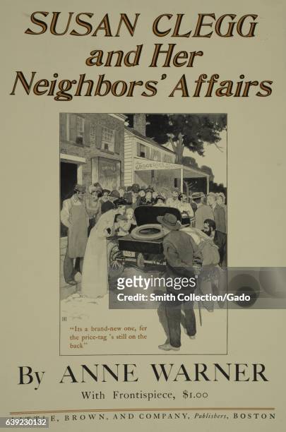 Poster advertisement for a book titled Susan Clegg and her Neighbors by Anne Warner which displays a crowd of people gathered around an old...