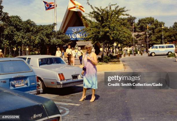 Woman posing in front of the entrance to Sea World where the state flags of Ohio and Florida are flying, San Diego, California, 1975. .