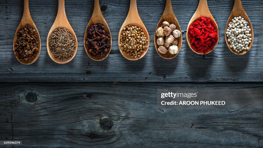 Spices on spoons in wooden background