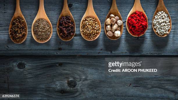 spices on spoons in wooden background - cumin - fotografias e filmes do acervo