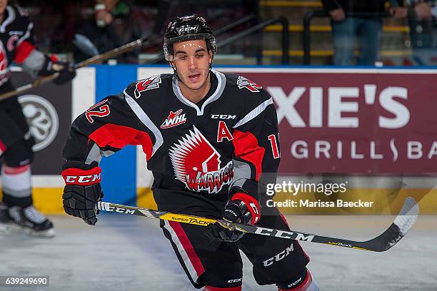 Jayden Halbgewachs of the Moose Jaw Warriors warms up on the ice against the Kelowna Rockets on January 18, 2017 at Prospera Place in Kelowna,...