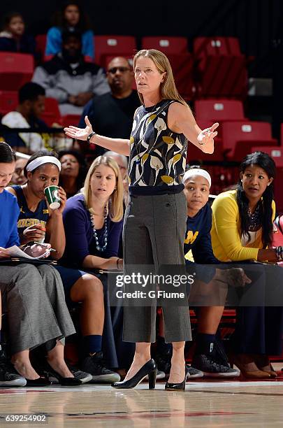 Head coach Kim Barnes Arico of the Michigan Wolverines watches the game against the Maryland Terrapins at Xfinity Center on January 19, 2017 in...