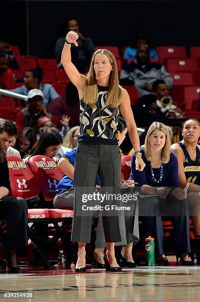 Head coach Kim Barnes Arico of the Michigan Wolverines watches the game against the Maryland Terrapins at Xfinity Center on January 19, 2017 in...